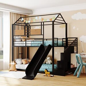 twin over twin low bunk bed with slide and stairs house bunk bed metal frame with storage shelves for kids boys girls teens, black