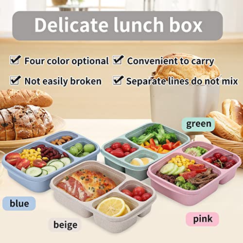 buluker 4 Pack Bento Lunch Box Set 3 Compartment Wheat Straw Meal Prep Food Storage Containers Plastic, Microwave and Dishwasher Safe (3 Compartment)