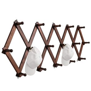 SCUNDA Hat Rack for Wall, Expandable Coat Rack with 16 Hooks, 16-inch Wooden Wall Rack for Coffe Mug, Bag, Hoodie, Hat, Baseball Caps(Brown)