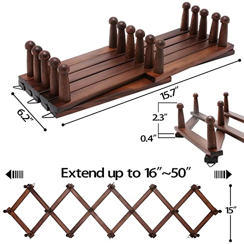 SCUNDA Hat Rack for Wall, Expandable Coat Rack with 16 Hooks, 16-inch Wooden Wall Rack for Coffe Mug, Bag, Hoodie, Hat, Baseball Caps(Brown)