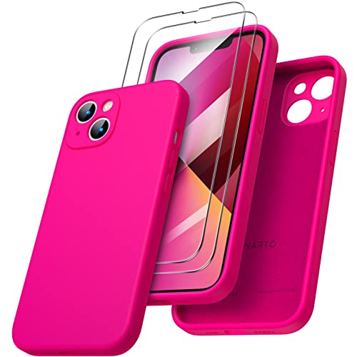 ORNARTO Compatible with iPhone 13 Case 6.1 inch, with 2 x Screen Protector, Liquid Silicone Gel Rubber Cover [Full Body] Shockproof Protective Phone Case for iPhone 13 -Hot Pink