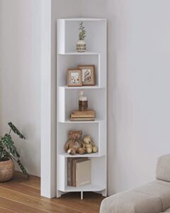 yusong bookshelf corner shelf bookcase, wooden 5-tier book shelves display cabinet for living room,bedroom,bathroom, white