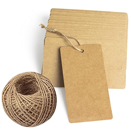 100 PCS Kraft Paper Gift Tag, Blank Rectangle Marking Tags,Price Tags with 100ft Natural Jute Twine, 3.9" x 1.9" ,Brown