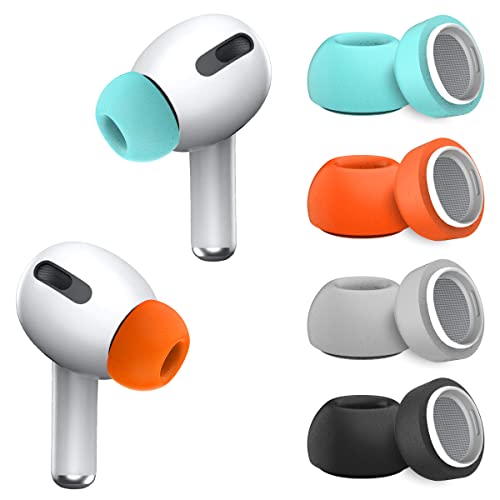 [4 Pairs] for Airpods Pro Ear Tips (Memory Foam), Replacement Ear Tips for Airpods Pro with Noise Reduction Hole | Fit in The Charging Case | with Portable Storage Box (Black/Grey/Orange/Mint Blue)