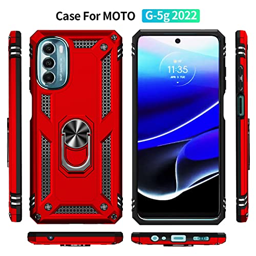 SunRemex Moto G 5G 2022 Case: Tempered Glass Screen Protector, Magnetic Ring Holder Kickstand, Military Grade - Red