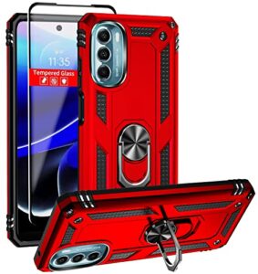 sunremex moto g 5g 2022 case: tempered glass screen protector, magnetic ring holder kickstand, military grade - red