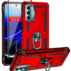 SunRemex Moto G 5G 2022 Case: Tempered Glass Screen Protector, Magnetic Ring Holder Kickstand, Military Grade - Red