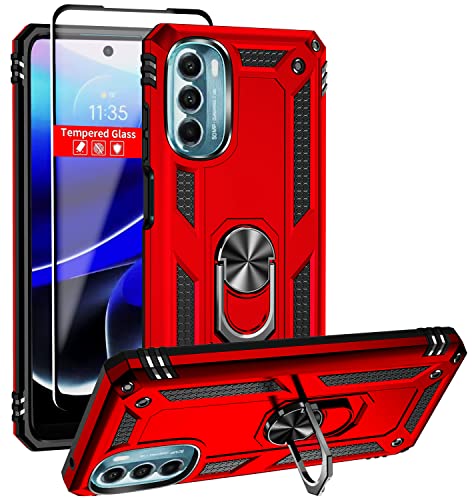 SunRemex Moto G 5G 2022 Case: Tempered Glass Screen Protector, Magnetic Ring Holder Kickstand, Military Grade - Red