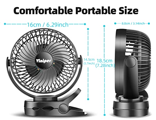 Viniper 6 inch Rechargeable Clip Fan with LED Light, 10000mah Battery Camping Hanging Fan : 360° Rotation, 3 Speeds, Also Use As Power Bank, Tent Personal Fan with Hanging Hook - Black