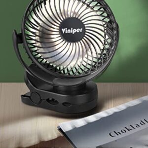 Viniper 6 inch Rechargeable Clip Fan with LED Light, 10000mah Battery Camping Hanging Fan : 360° Rotation, 3 Speeds, Also Use As Power Bank, Tent Personal Fan with Hanging Hook - Black