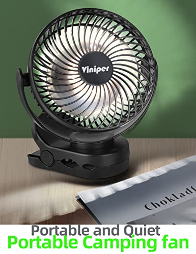 Viniper 6 inch Rechargeable Clip Fan with LED Light, 10000mah Battery Camping Hanging Fan : 360° Rotation, 3 Speeds, Also Use As Power Bank, Tent Personal Fan with Hanging Hook - Black