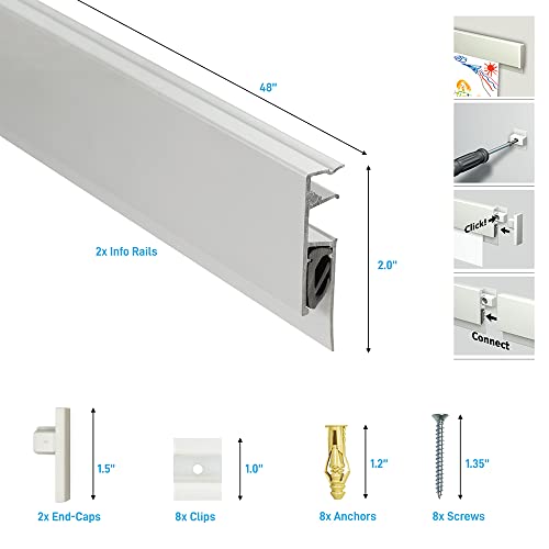 2x48-in. Art Display for Kids Artwork, Picture Rail in Silver for displaying Photos, Artworks, Posters, Notes, Documents at School, Home or Office - Ticket Holder for Restaurant, Wall Gallery