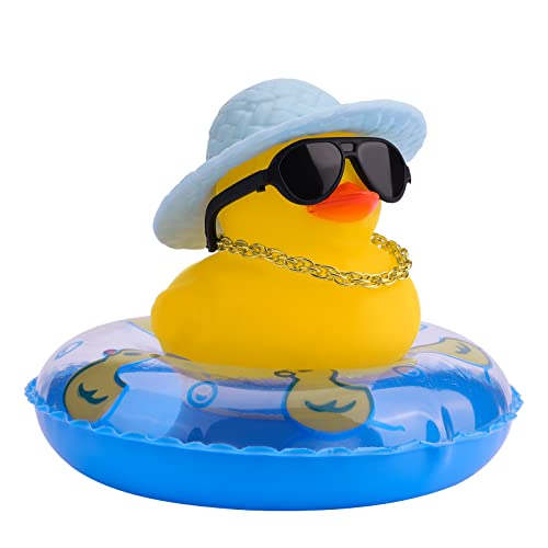 LUTER Car Duck Decoration Dashboard, Rubber Duck Car Decoration Little Yellow Duck Car Decoration for Car Dashboard Decoration Accessories with Gold Chain Straw Hat Sunglasses (Blue Swim Ring )