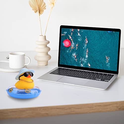 LUTER Car Duck Decoration Dashboard, Rubber Duck Car Decoration Little Yellow Duck Car Decoration for Car Dashboard Decoration Accessories with Gold Chain Straw Hat Sunglasses (Blue Swim Ring )