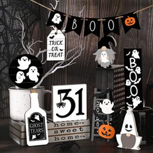 Halloween Tiered Tray Decoration Set Halloween Farmhouse Decor Boo Happy Halloween Wooden Signs Farmhouse Rustic Tiered Tray Decor Items for Home Table Houseroom(Ghost Style, 12 Pcs)