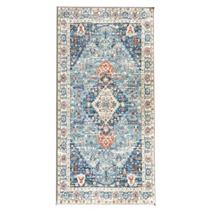 miiujjir area rug - 2x4 ft boho hallyway runner rug washable non-slip foldable fuzzy low-pile indoor mat vintage accent rug faux wool floor carpet for bedroom entryway kitchen laundry room decor, blue