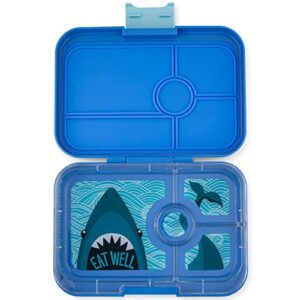 yumbox tapas larger size - 4 compartment leakproof bento lunch box for pre-teens, teens & adults (true blue - shark)