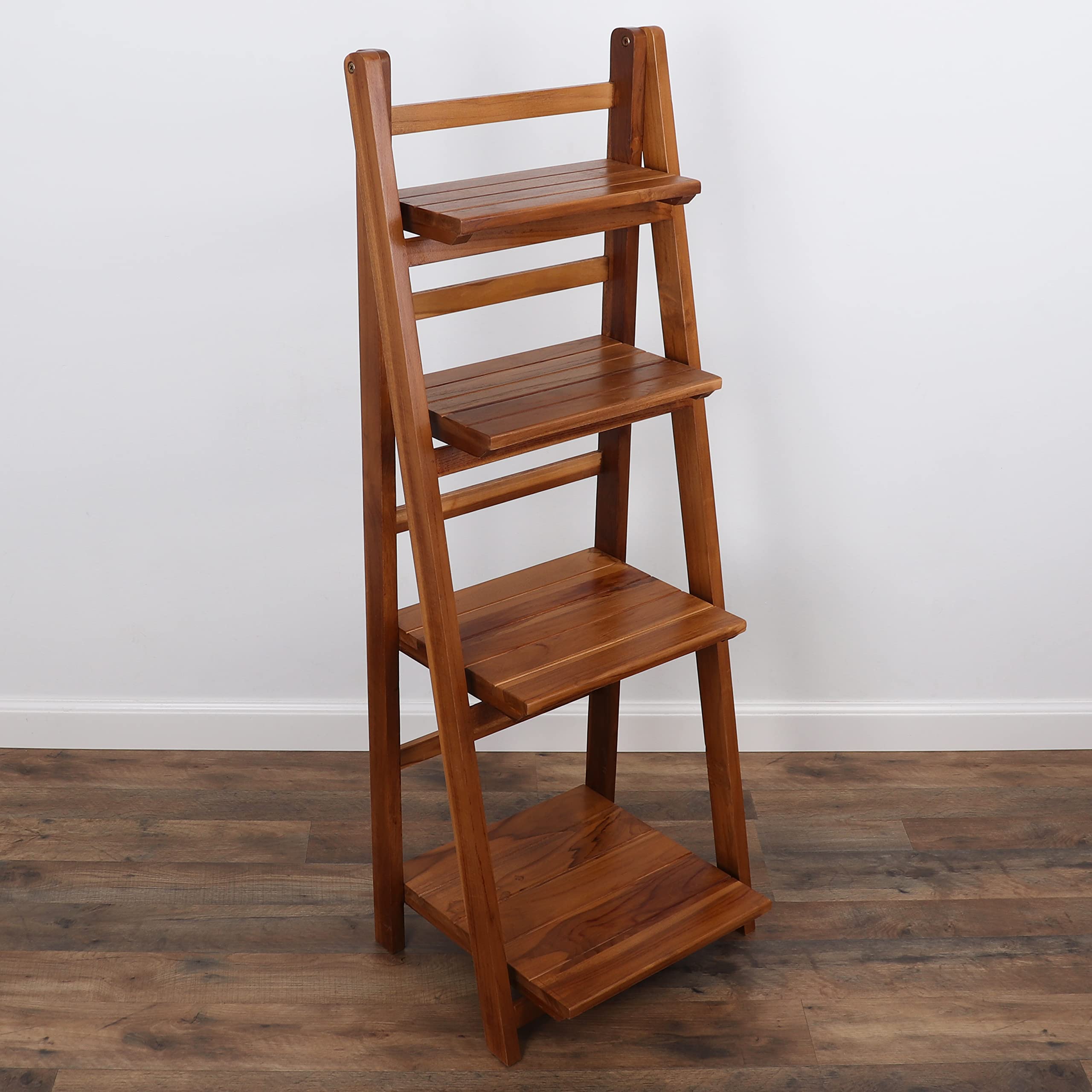 Milltown Merchants Teak Ladder Shelf - Wooden Ladder Bookshelf - Leaning Bookshelf - Rustic Bookcase - Folding Bookcase - Boho Furniture