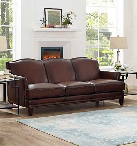 Hydeline Oxford Top Grain Leather Sofa Couch, 86", Caramel Brown