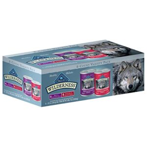 blue buffalo wilderness high protein, natural adult wet dog food variety pack, beef & chicken grill and chicken & salmon grill 12.5-oz cans (8 count- 4 of each flavor)