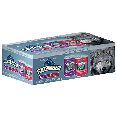 Blue Buffalo Wilderness High Protein, Natural Adult Wet Dog Food Variety Pack, Beef & Chicken Grill and Chicken & Salmon Grill 12.5-oz Cans (8 Count- 4 of Each Flavor)