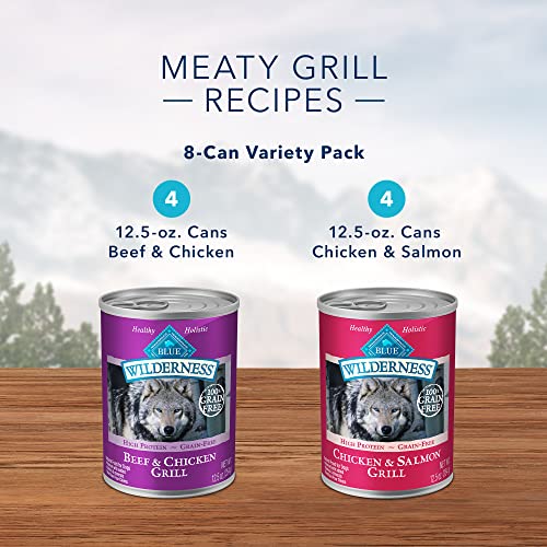 Blue Buffalo Wilderness High Protein, Natural Adult Wet Dog Food Variety Pack, Beef & Chicken Grill and Chicken & Salmon Grill 12.5-oz Cans (8 Count- 4 of Each Flavor)