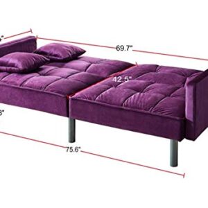 Legend Vansen Velvet Sleeper Loveseat with Pillow Twin Size Contemporary Sofas for Living Room and Bedroom Sofabed, 75.5'', Purple