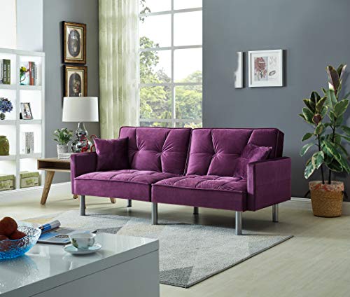 Legend Vansen Velvet Sleeper Loveseat with Pillow Twin Size Contemporary Sofas for Living Room and Bedroom Sofabed, 75.5'', Purple