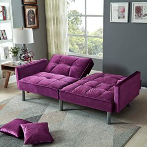 Legend Vansen Velvet Sleeper Loveseat with Pillow Twin Size Contemporary Sofas for Living Room and Bedroom Sofabed, 75.5'', Purple