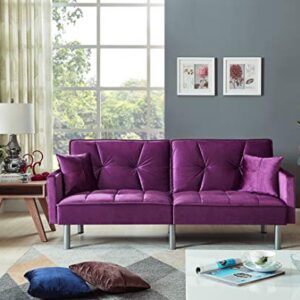 Legend Vansen Velvet Sleeper Loveseat with Pillow Twin Size Contemporary Sofas for Living Room and Bedroom Sofabed, 75.5'', Purple