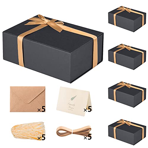 LIFELUM 5 Pack Gift Boxes 13 x 10 x 4.7 inch Large Gift Box with Magnetic Lids Sturdy Black gift box Reusable as Storage Bins Full Accessories Contains Card,Sticker,Ribbon, Shredded Paper Filler for Graduation