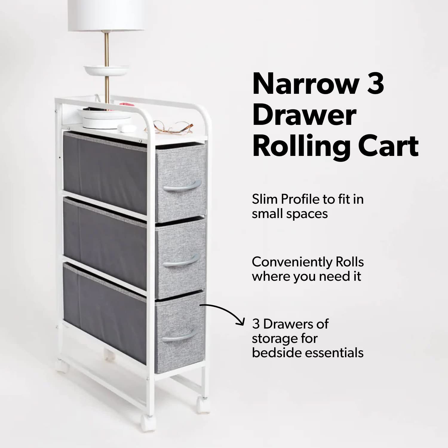 Dormify 3-Drawer Cart with Wheels | Skinny Bedside Table Storage Drawers | Small Cabinet | Clothes Tower | Organizer | Nightstand | Grey | 7.8"W x 18.5"D x 29.8"H | Dorm Essential