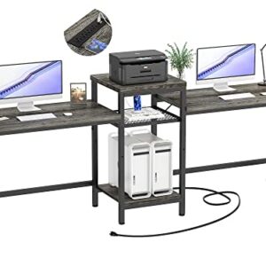 Unikito Two Person Desk, Home Office Desk with Power Outlet and Printer Stand, Double Computer Desk with Open Storage Shelf, Double Gaming Computer Desk, Extra Long Table, Writing Study Desk, Gray Oak