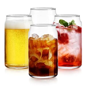 glaver's drinking glasses 4pc can shaped glass cup set, 16oz beer can glass coffee cups, cocktail glasses, water, soda, smoothie, juice, can glasses. dishwasher safe