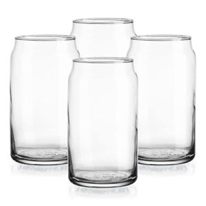 Glaver's Drinking Glasses 4pc Can Shaped Glass Cup Set, 16oz Beer Can Glass Coffee Cups, Cocktail Glasses, Water, Soda, Smoothie, Juice, Can Glasses. Dishwasher Safe