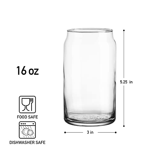 Glaver's Drinking Glasses 4pc Can Shaped Glass Cup Set, 16oz Beer Can Glass Coffee Cups, Cocktail Glasses, Water, Soda, Smoothie, Juice, Can Glasses. Dishwasher Safe