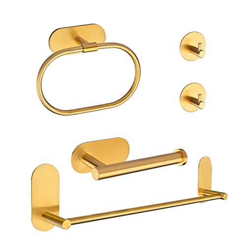 HouseAid 5-Piece Self Adhesive Towel Holder Set for Bathroom, Adhesive Bathroom Hardware Accessories Including Towel Ring, Toilet Paper Holder, 18” Towel Bar and 2 Towel Hooks, Brushed Gold