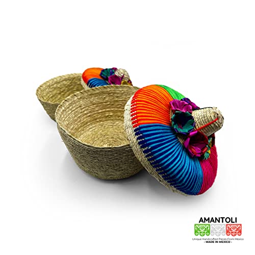 Amantoli - Mexican 100% Handwoven Sombrero Tortilla Baskets (2 Piece Set) | Mexican Tortilla Warmer |Tortillero de Palma Hecho en Mexico | Palm Straw Mexican Tortilla Bowl | Fiesta - Decoration.