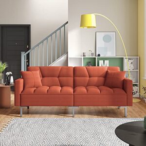 modern linen convertible futon sofa bed, 2-in-1 sleeper sofa with 2 pillows, 3 adjustable angles for backrest, living room couch with 5 sturdy metal legs, upholstered loveseat for home, (orange)