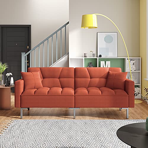 Modern Linen Convertible Futon Sofa Bed, 2-in-1 Sleeper Sofa with 2 Pillows, 3 Adjustable Angles for Backrest, Living Room Couch with 5 Sturdy Metal Legs, Upholstered Loveseat for Home, (Orange)