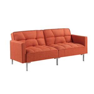 Modern Linen Convertible Futon Sofa Bed, 2-in-1 Sleeper Sofa with 2 Pillows, 3 Adjustable Angles for Backrest, Living Room Couch with 5 Sturdy Metal Legs, Upholstered Loveseat for Home, (Orange)