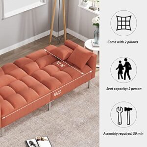 Modern Linen Convertible Futon Sofa Bed, 2-in-1 Sleeper Sofa with 2 Pillows, 3 Adjustable Angles for Backrest, Living Room Couch with 5 Sturdy Metal Legs, Upholstered Loveseat for Home, (Orange)