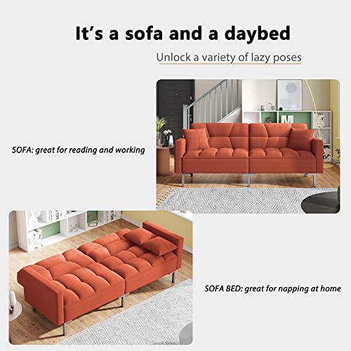 Modern Linen Convertible Futon Sofa Bed, 2-in-1 Sleeper Sofa with 2 Pillows, 3 Adjustable Angles for Backrest, Living Room Couch with 5 Sturdy Metal Legs, Upholstered Loveseat for Home, (Orange)