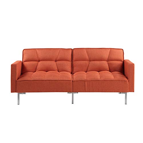 Modern Linen Convertible Futon Sofa Bed, 2-in-1 Sleeper Sofa with 2 Pillows, 3 Adjustable Angles for Backrest, Living Room Couch with 5 Sturdy Metal Legs, Upholstered Loveseat for Home, (Orange)