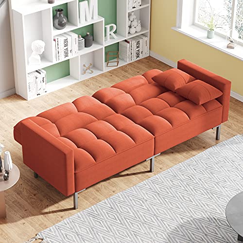 Modern Linen Convertible Futon Sofa Bed, 2-in-1 Sleeper Sofa with 2 Pillows, 3 Adjustable Angles for Backrest, Living Room Couch with 5 Sturdy Metal Legs, Upholstered Loveseat for Home, (Orange)