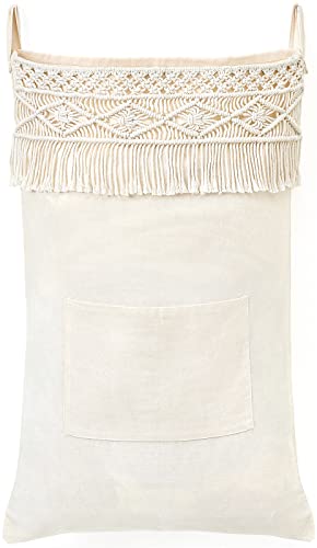 Mkono Macrame Hanging Laundry Hamper Bag Over The Door Organizer Laundry Bag Boho Decor Hanging Clothes Hamper for College Dorm Room Bathroom Home Travel Space Saving