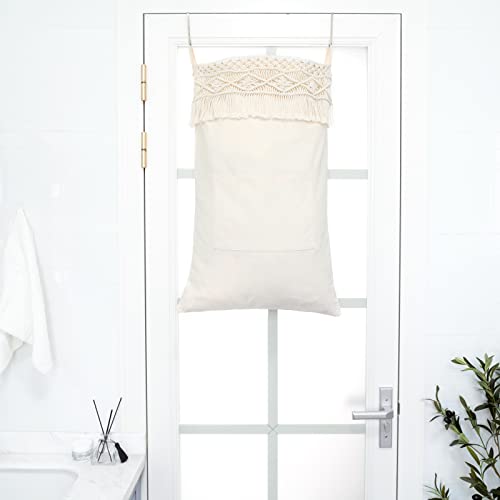 Mkono Macrame Hanging Laundry Hamper Bag Over The Door Organizer Laundry Bag Boho Decor Hanging Clothes Hamper for College Dorm Room Bathroom Home Travel Space Saving