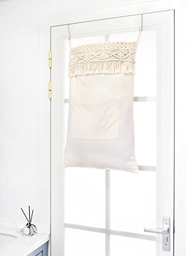 Mkono Macrame Hanging Laundry Hamper Bag Over The Door Organizer Laundry Bag Boho Decor Hanging Clothes Hamper for College Dorm Room Bathroom Home Travel Space Saving