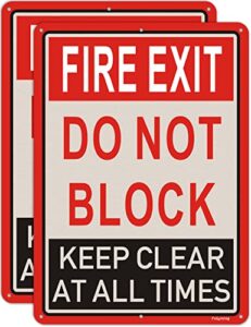 2 pack fire exit do not block door keep clear at all times signs 14x10 inches fire exit safety sign do not block sign metal reflective sturdy rust aluminum weatherproof durable easy to install
