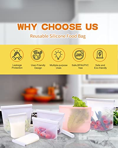 2-Pack Reusable Silicone Storage Bags, BPA FREE Silicone Snack Sandwich Bags Container with Leakproof Lids for Food, Travel, Makeup | Freezer, Oven, Microwave, Dishwasher Safe